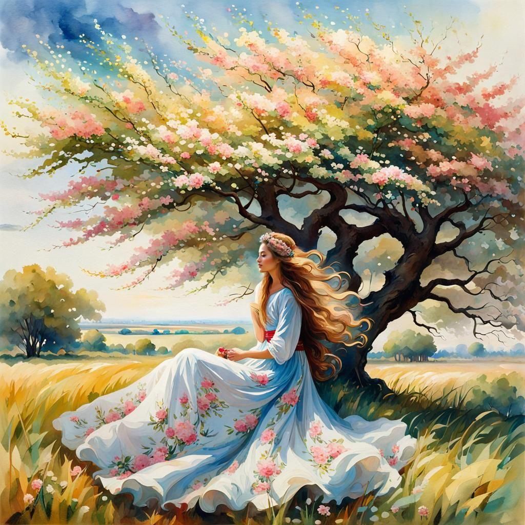 Windswept Woman in Field of Flowers, Watercolour