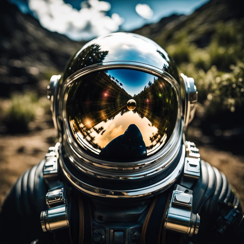A space adventurer’s helmet, the highly reflective curved glass shows in the reflection a planet, captivating cinematic ...