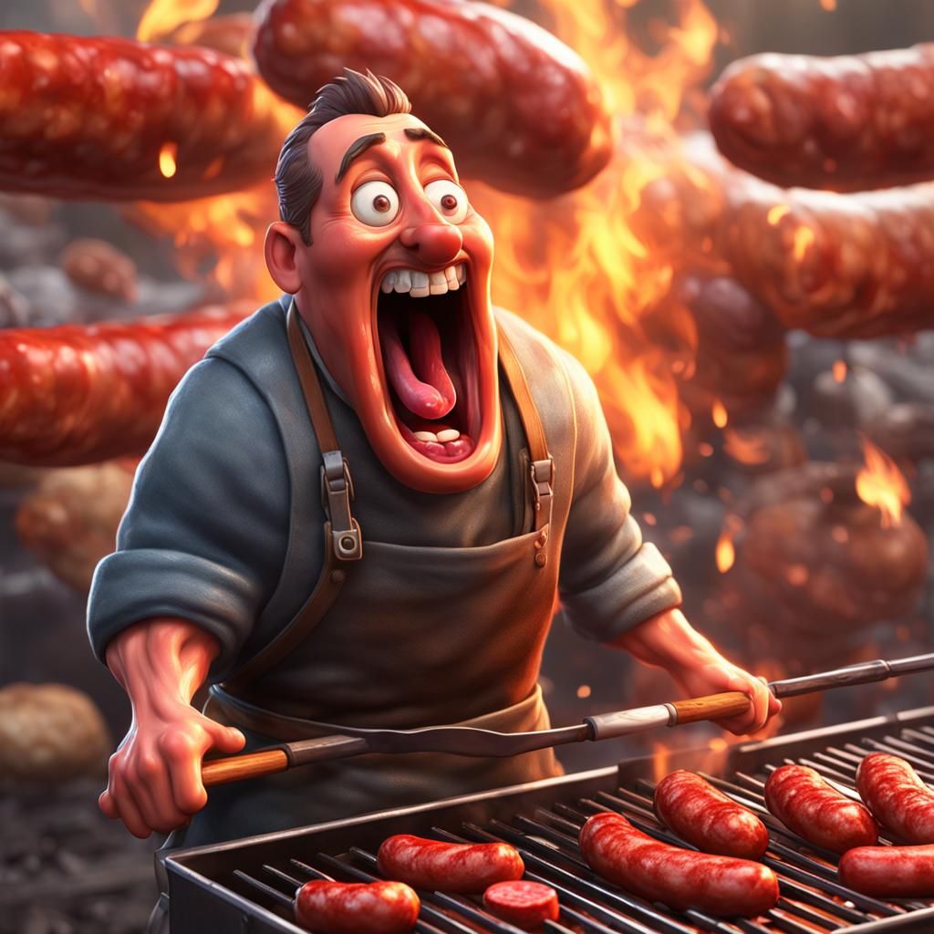Cartoon Sausage Screaming on Grill: 8K Digital Art