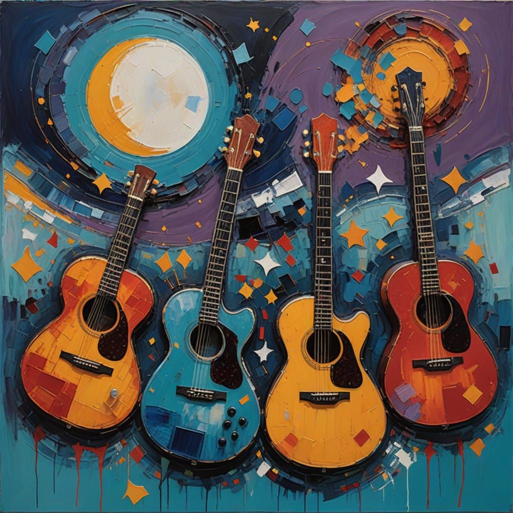 Vibrant Guitars Under Starry Night Sky