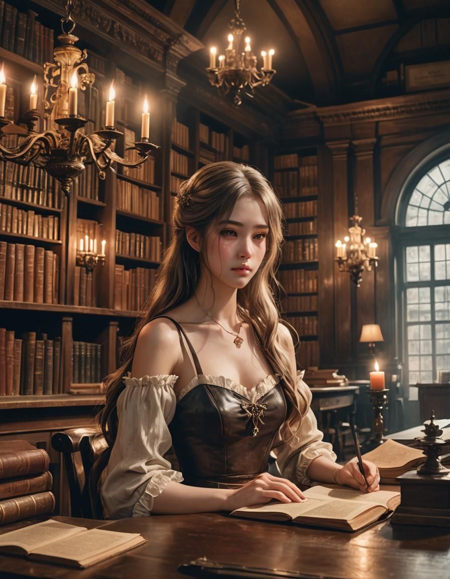 Elegant Anime Woman in Old Library, 3D Art
