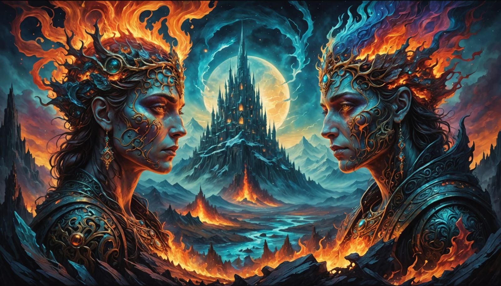 Fire and Ice Duality Concept Art in Art Deco Style