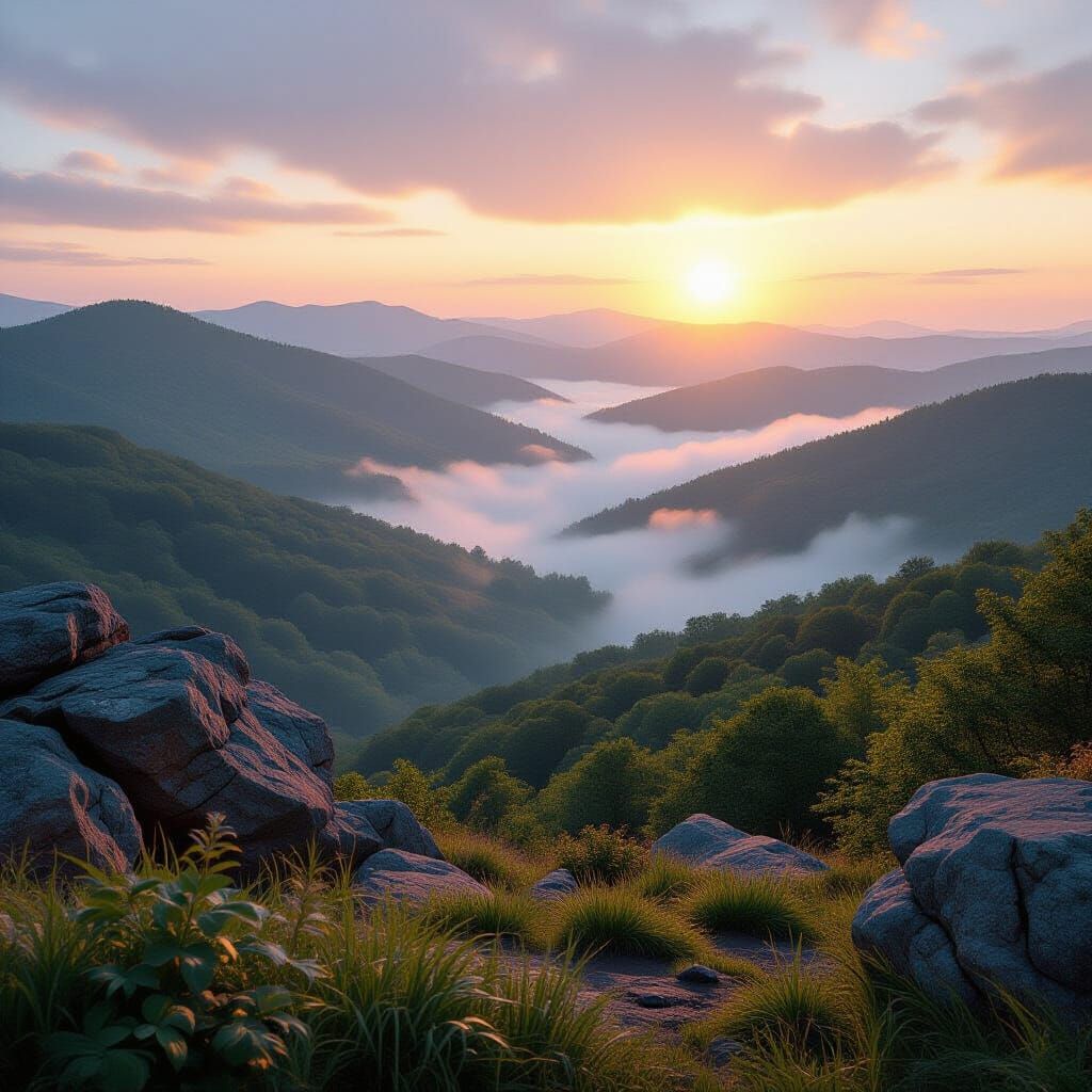 Serene Appalachian Dawn: Misty Hills in Golden Light