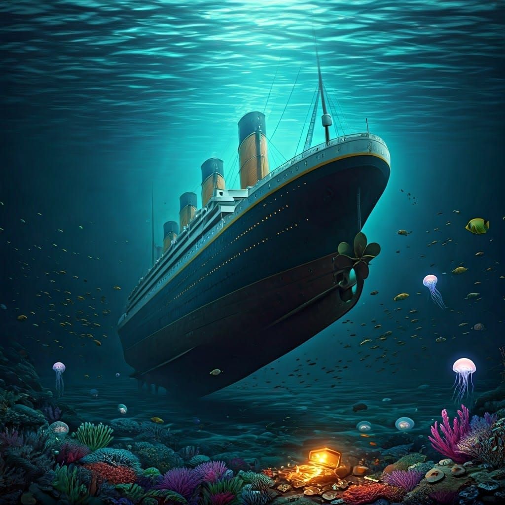 Titanic Submerged in Deep Water as Digital Art
