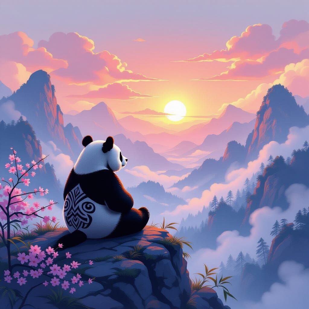 Panda with Tribal Markings at Sunrise