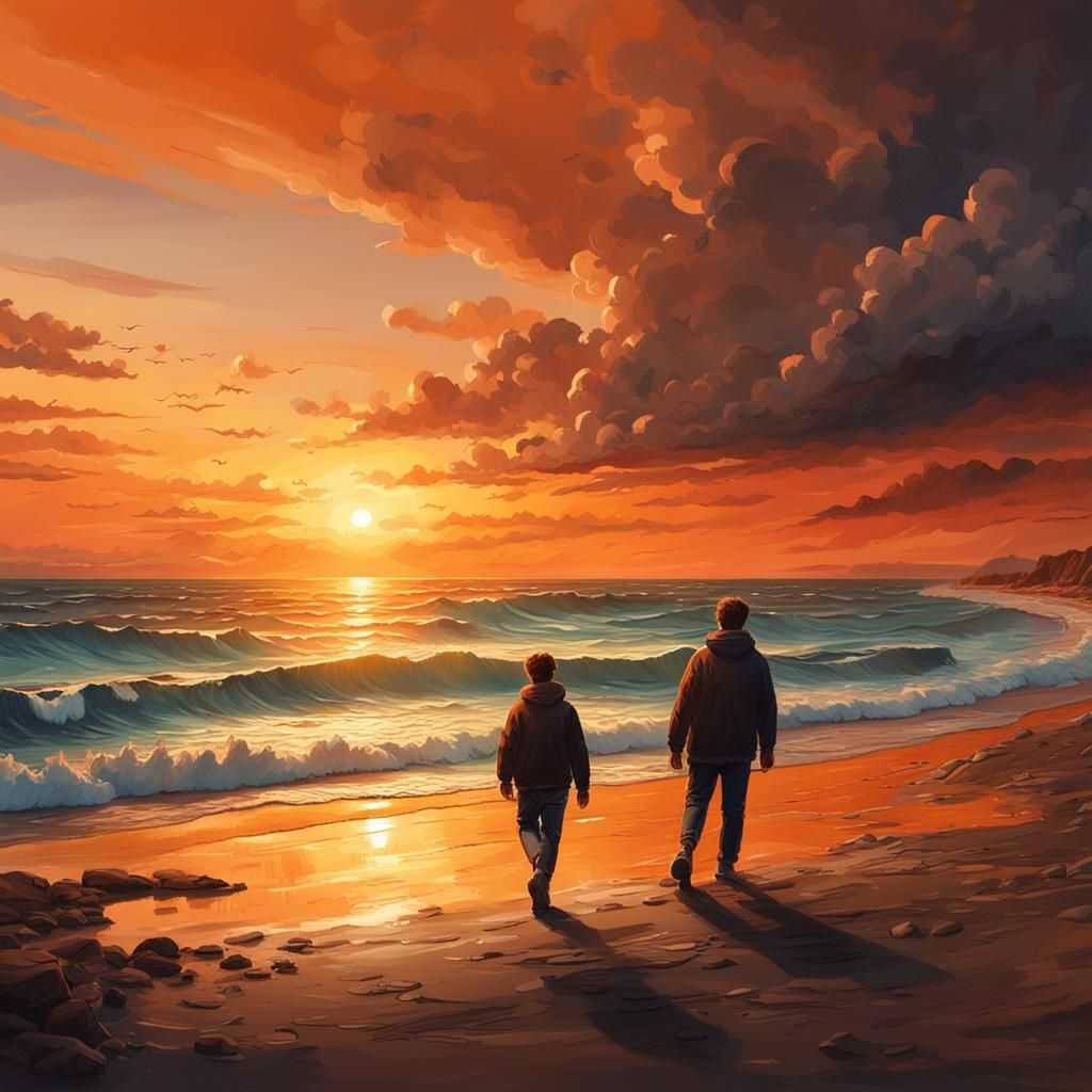 Seascape Sunset with Figures in Digital Painting Style