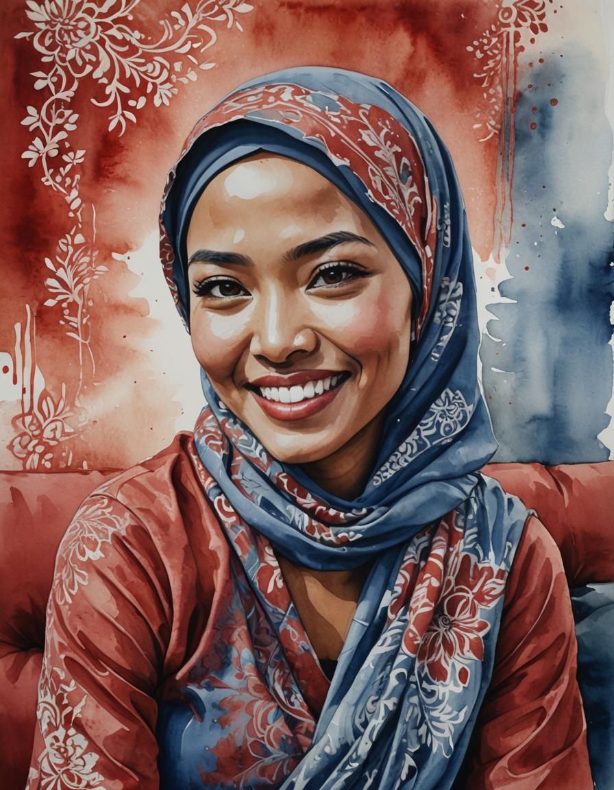 Young Malay Woman in Red Sofa, Wearing Hijab and Kebaya Dres...