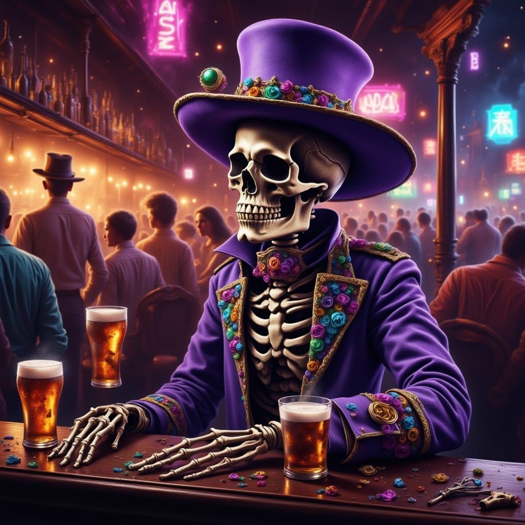 Skeleton Bartender in Louisiana Mardi Gras Scene