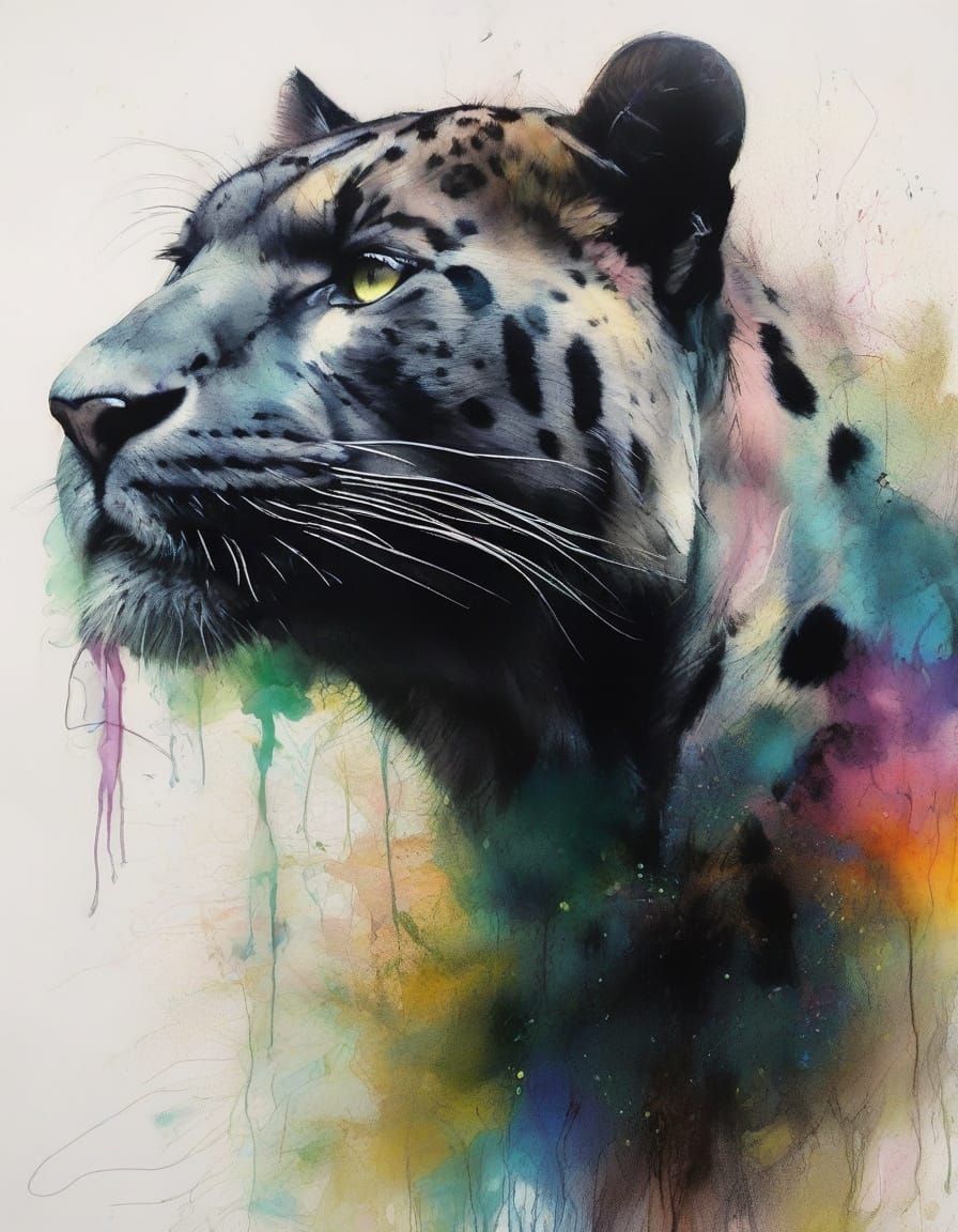 Expressive Panther Portrait with Ink Splashes and Vibrant Co...