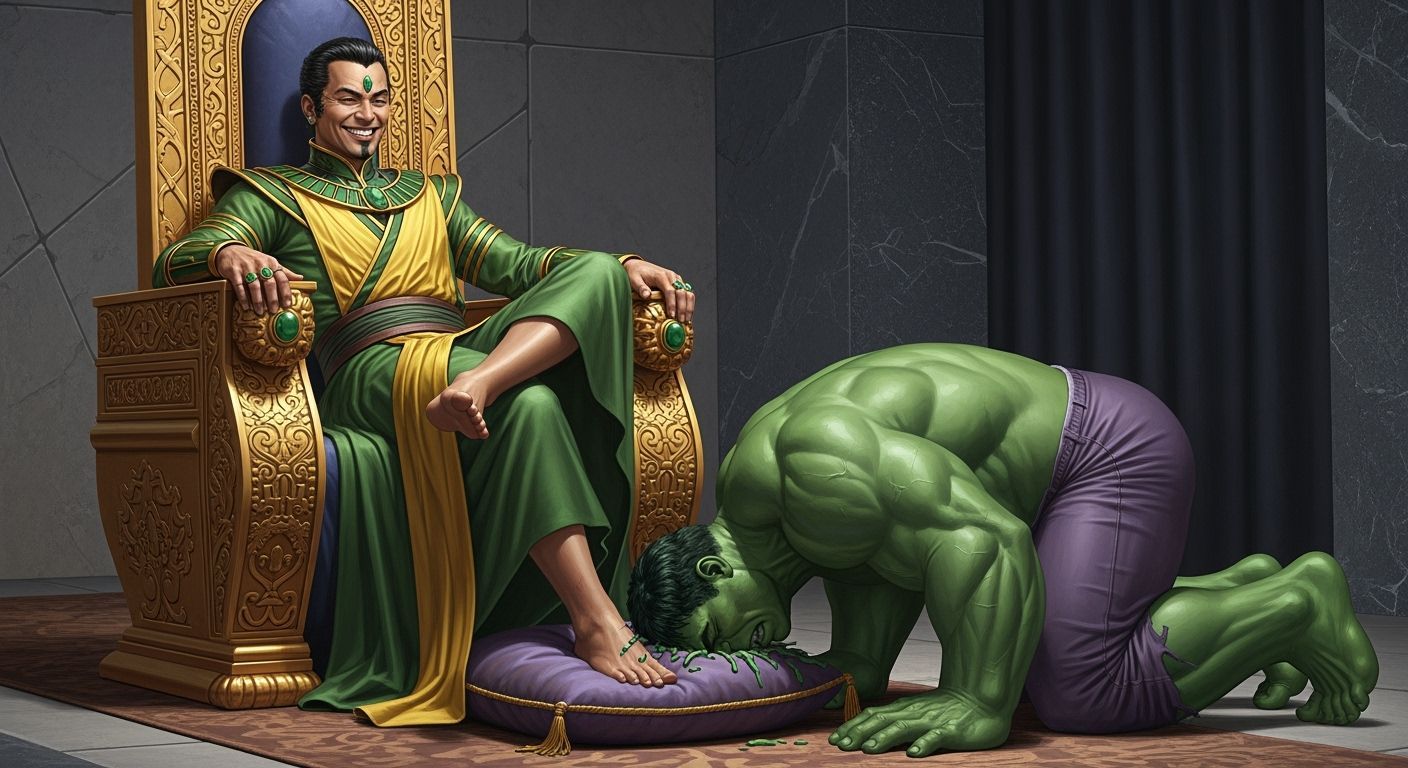 Mandarin Tramples Hulk on Throne: Marvel Comics Art