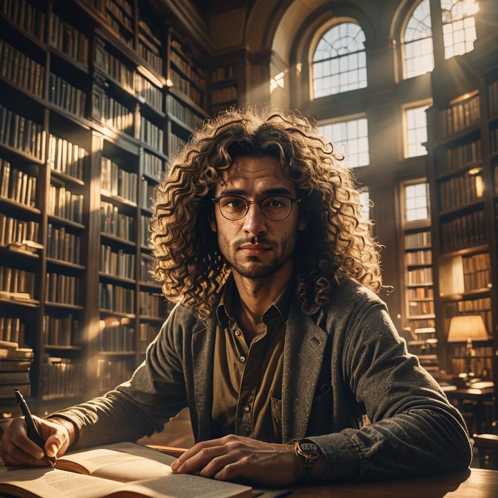 Man in Library, Hyper-Realistic Cinematic Portrait