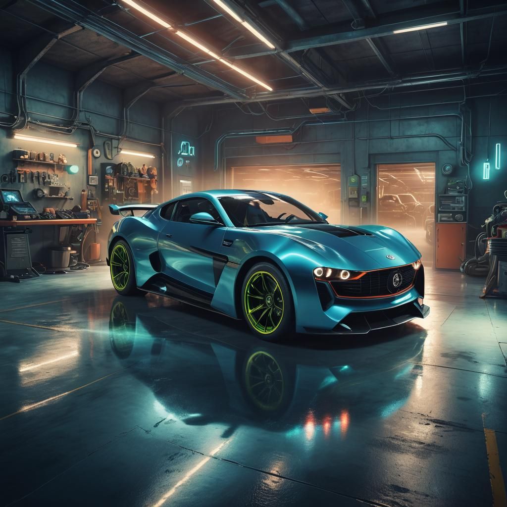 Futuristic Racing Car in Neon Lit Garage