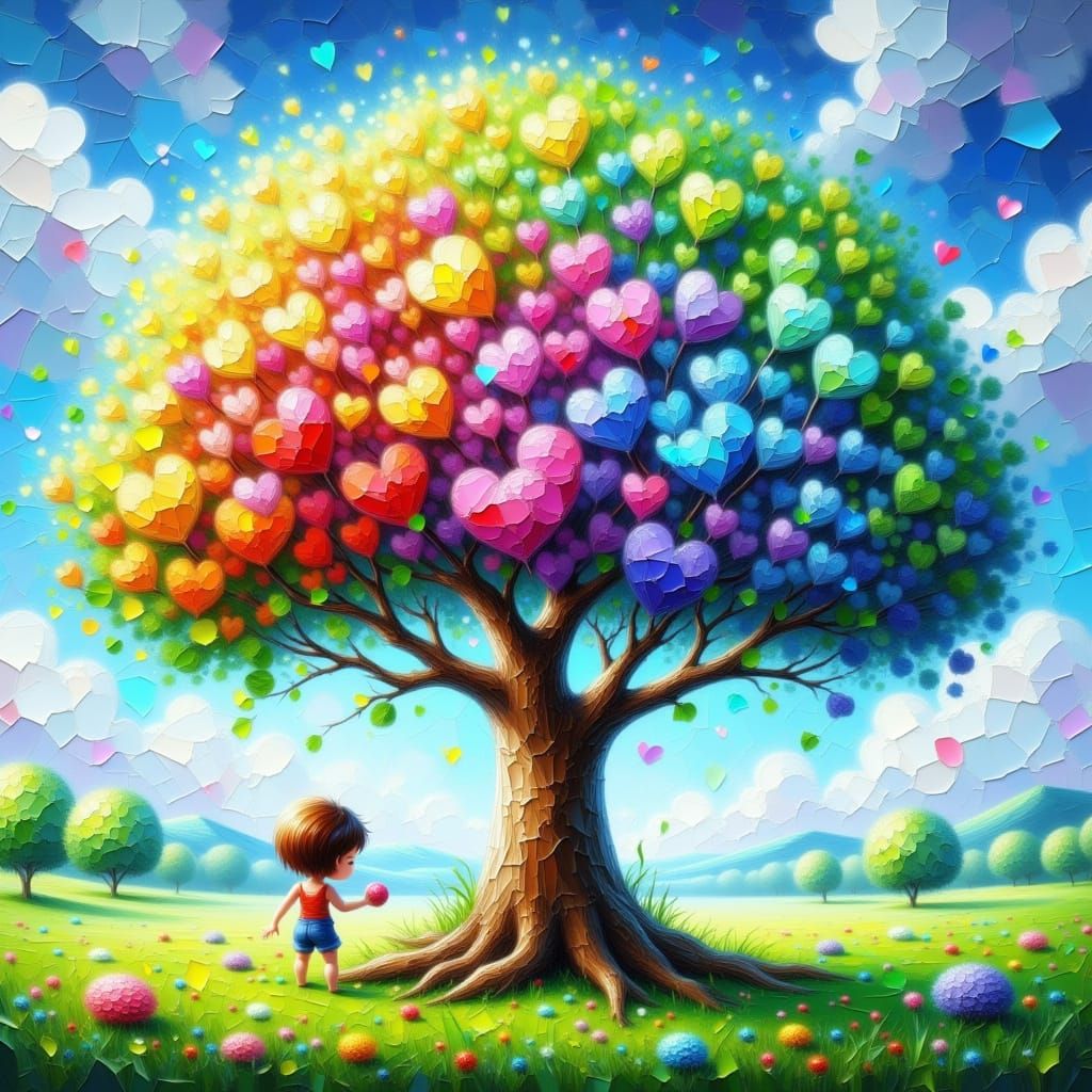Chibi Tree of Life with Rainbow Heart Leaves