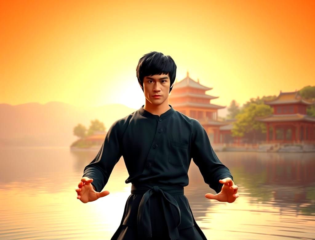 Bruce Lee in Elegant Martial Arts Pose by a Serene Lake