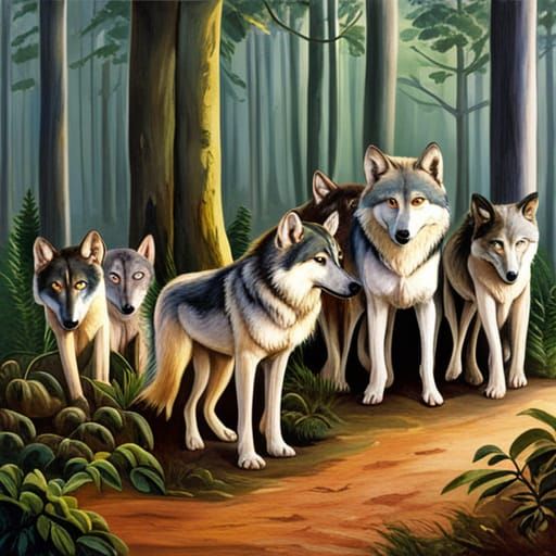 Magnificent Wolves in Forest, Colorful Photorealism