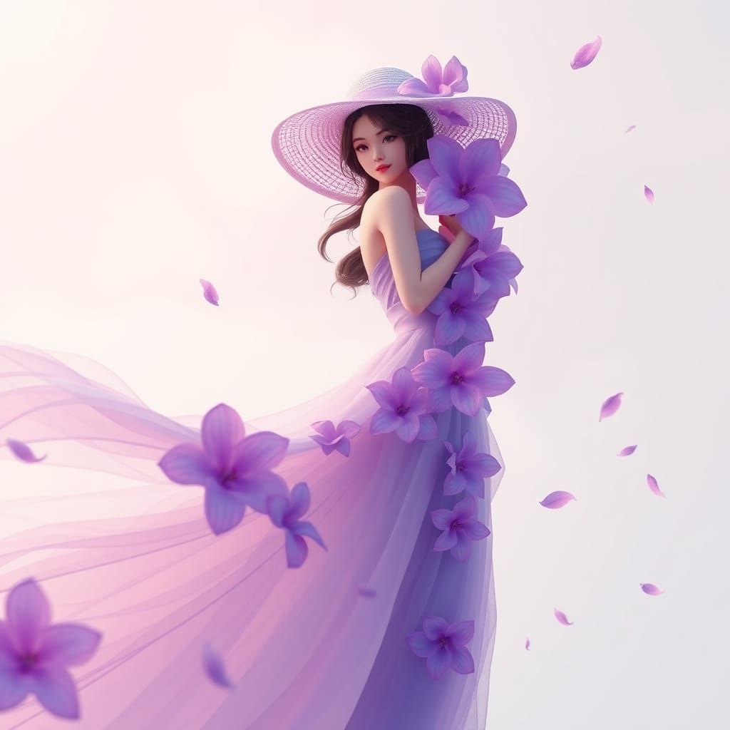 Elegant Woman in Violet Dress, 3D Anime Art