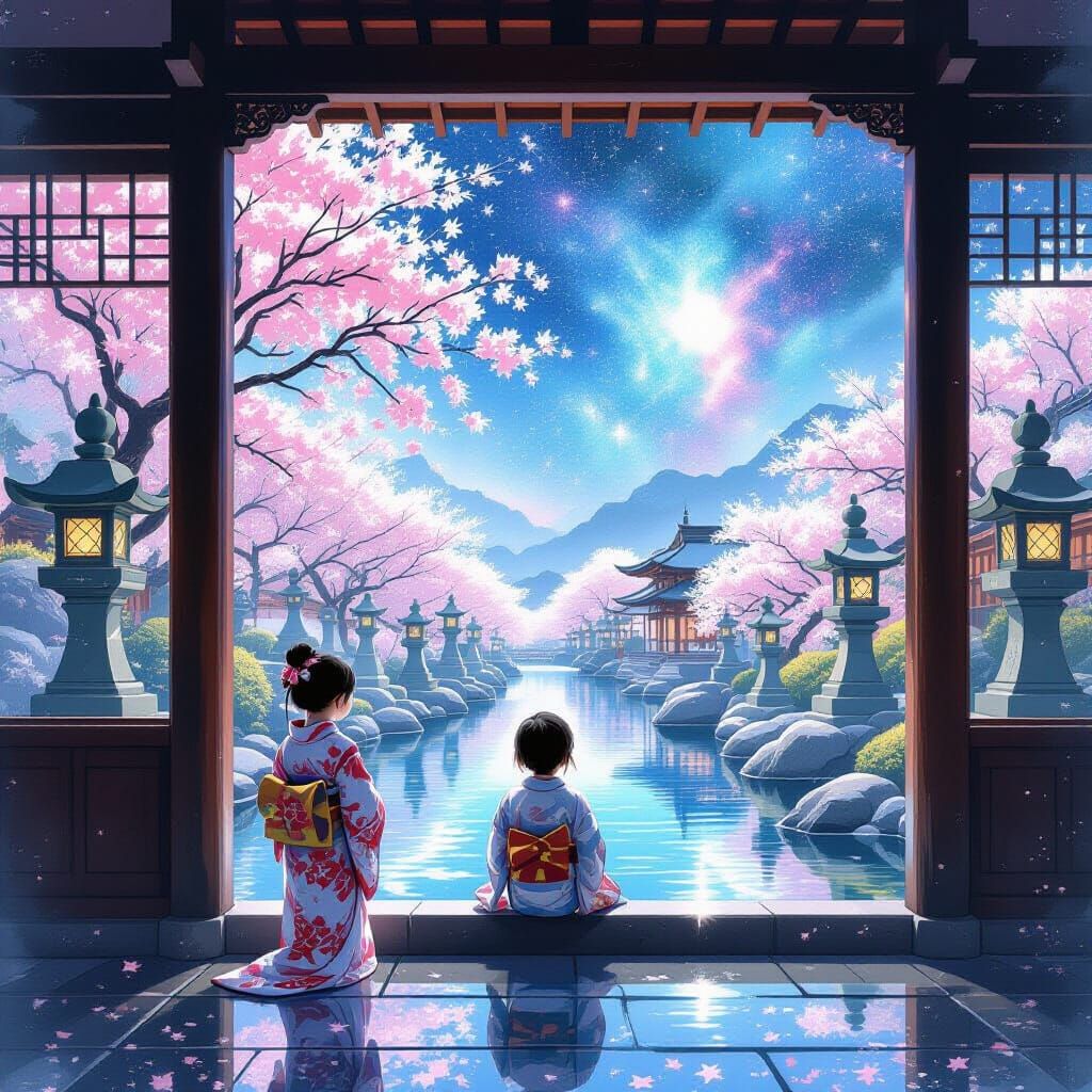 Floating Teahouse in Nebula with Cherry Blossoms
