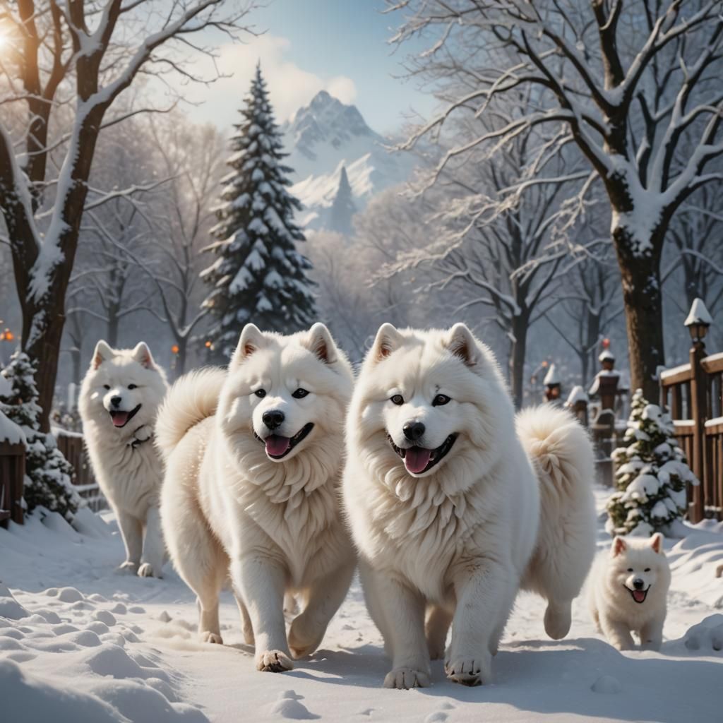 Samoyed Protects Children Playing in Snowy Landscape