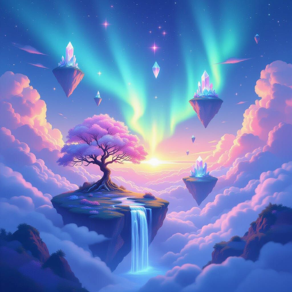 Floating Islands in Aurora Sky with Glowing Tree