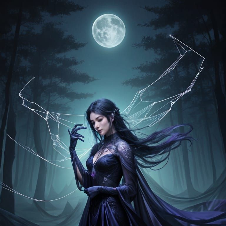 Spider Woman Weaving Web in Moonlit Forest