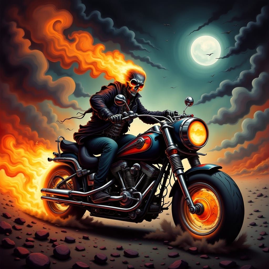 <lora:Dark-Whimsy:1.0> Ghost Rider supercar racing in hell, Riders on the Storm