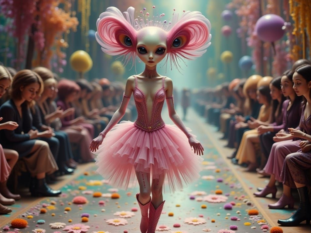 Elegant Alien in Pink Lace Tutu Struts Down Parisian Catwalk