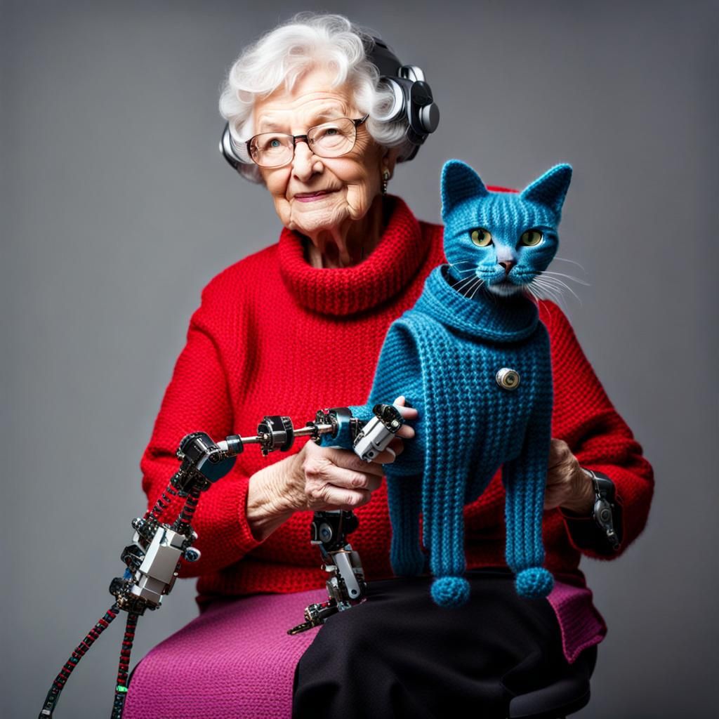 Cyborg Granny Knitting Cat Sweater