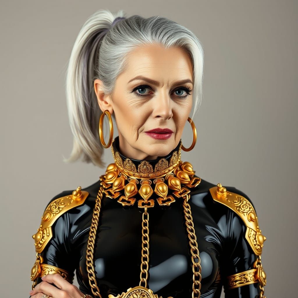 Elegant Elderly Woman in Glossy Latex with Gold Bling