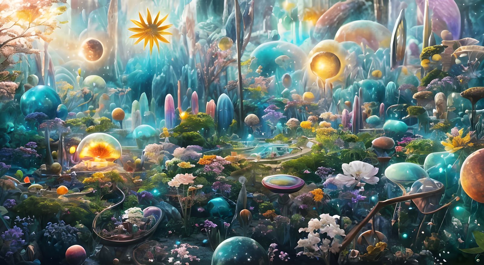 Iridescent Futuristic Utopian Garden City in Cosmic Skies