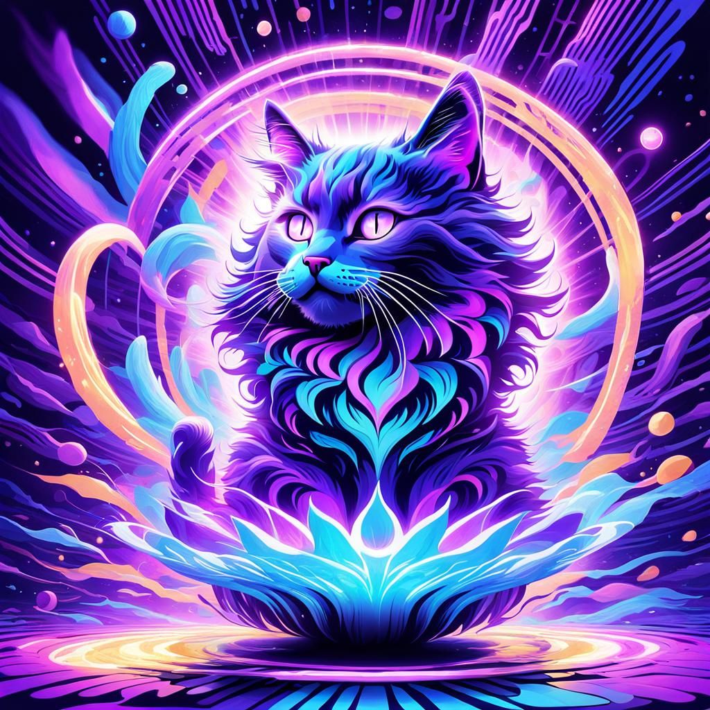 Floating Purple Cat with Neon Aura