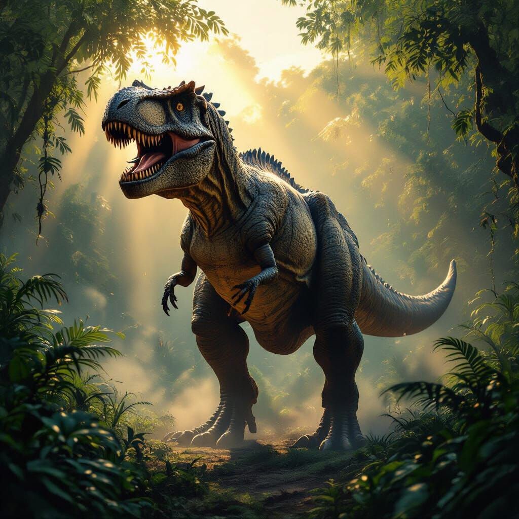Detailed T-Rex in Lush Prehistoric Jungle at Dawn
