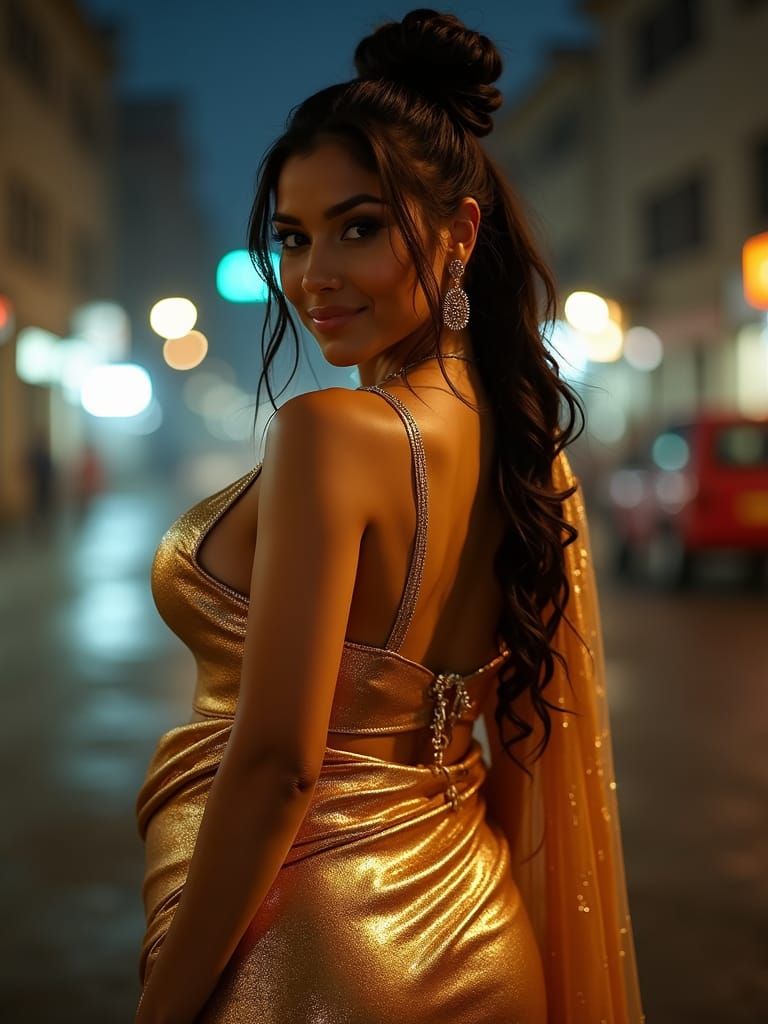 Curvy Woman in Wet Clothes Under Streetlight