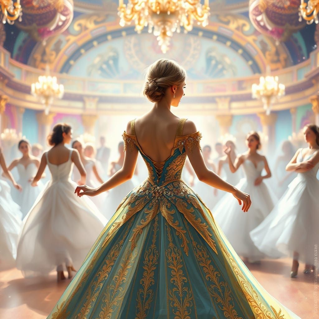 Regal Princess in Elegant Gold Ballgown Dances in Magical Ba...