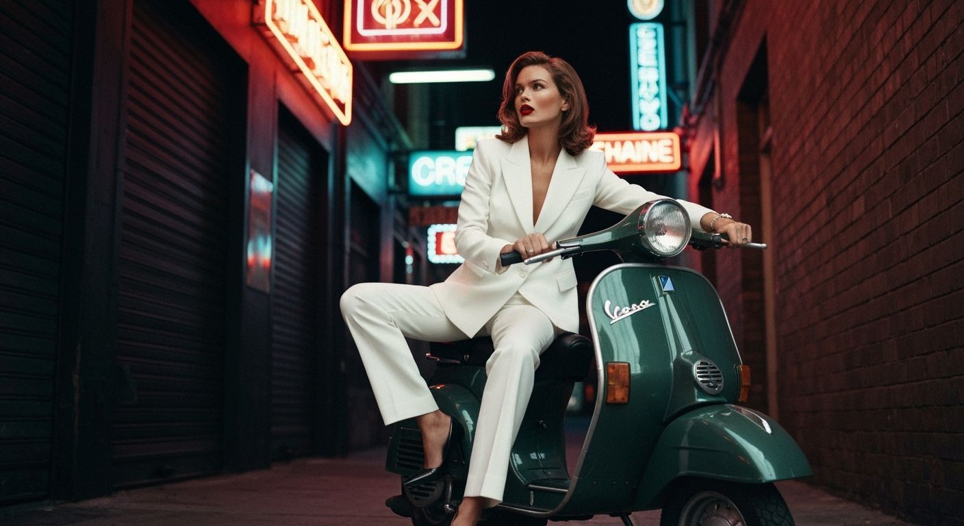 Retro photo of a mod Mafia heiress, in a mini dress and knee-high boots, sitting on a Vespa with a switchblade in hand, ...