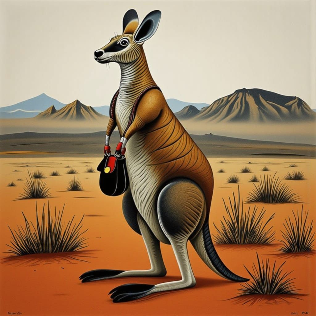 Kangaroo has her bag and is ready for a stroll in the Outbac...