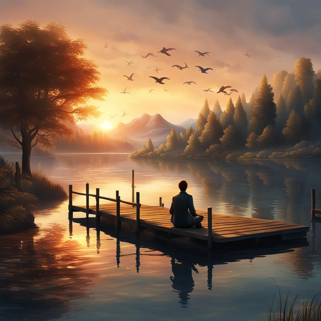 Tranquil Sunset Lakeside Scene in Detailed Matte Painting