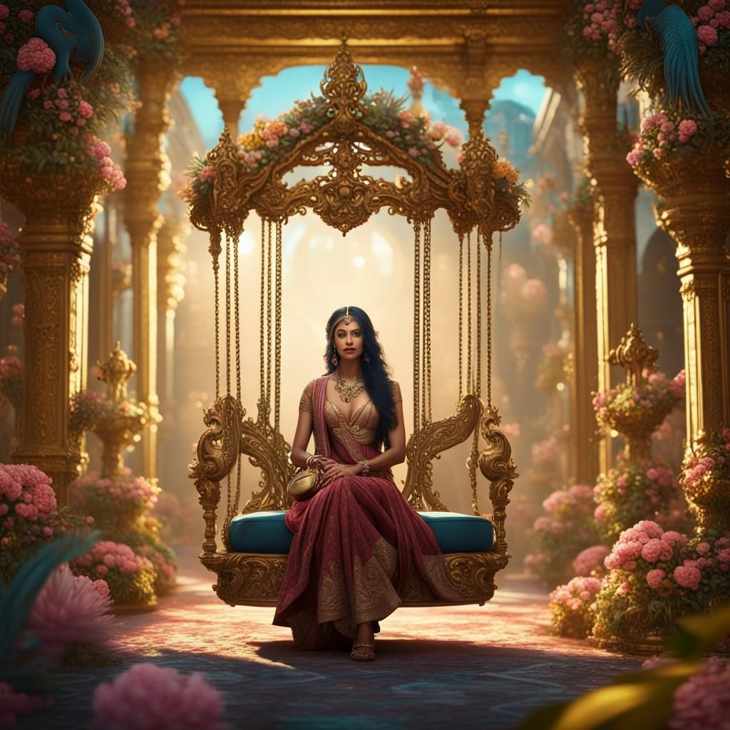 Indian Goddess in Gold Palace with Peacocks