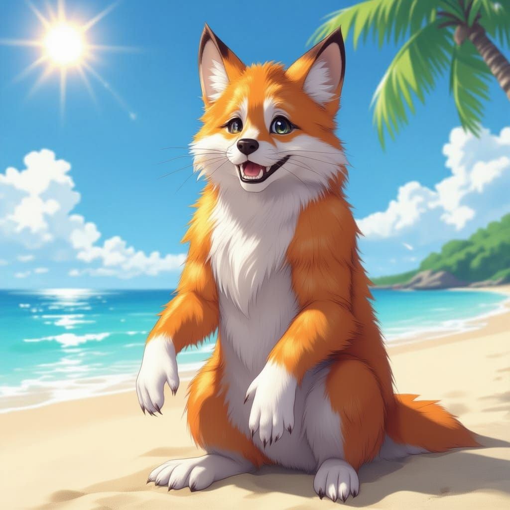 Anime Fox Woman Relaxing on a Sunny Beach