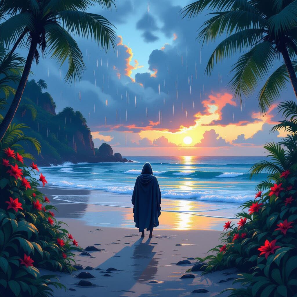 Rainy Beach at Dusk: A Fantasy Matte Painting