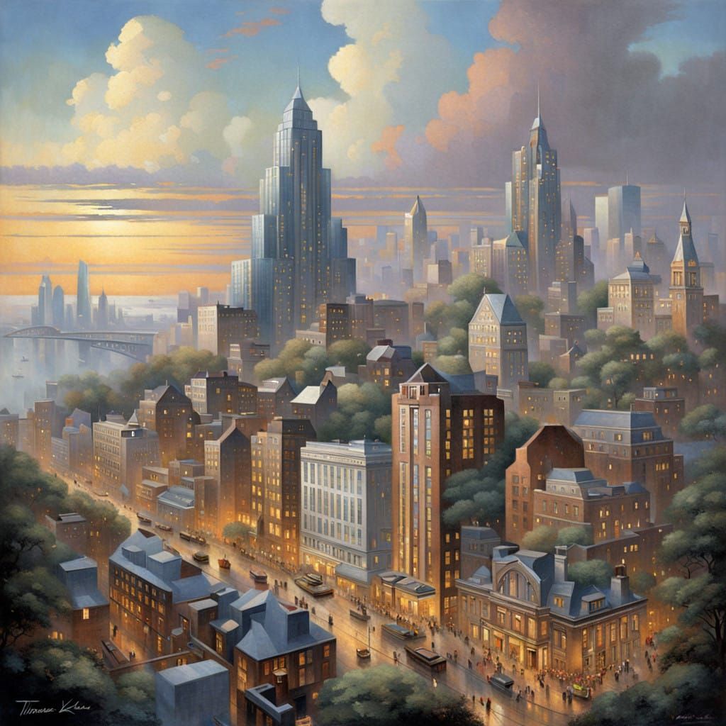 A city skyline featuring buildings with geometric shapes and angles. art deco Thomas Kinkade