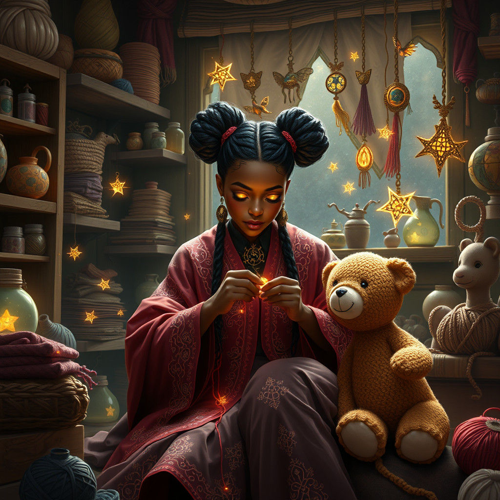 Mystical Black Artificer in Cozy Workshop, Digital Art