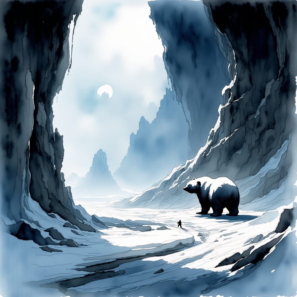 Polar Bear in Blue Ice Cavern Watercolor Art