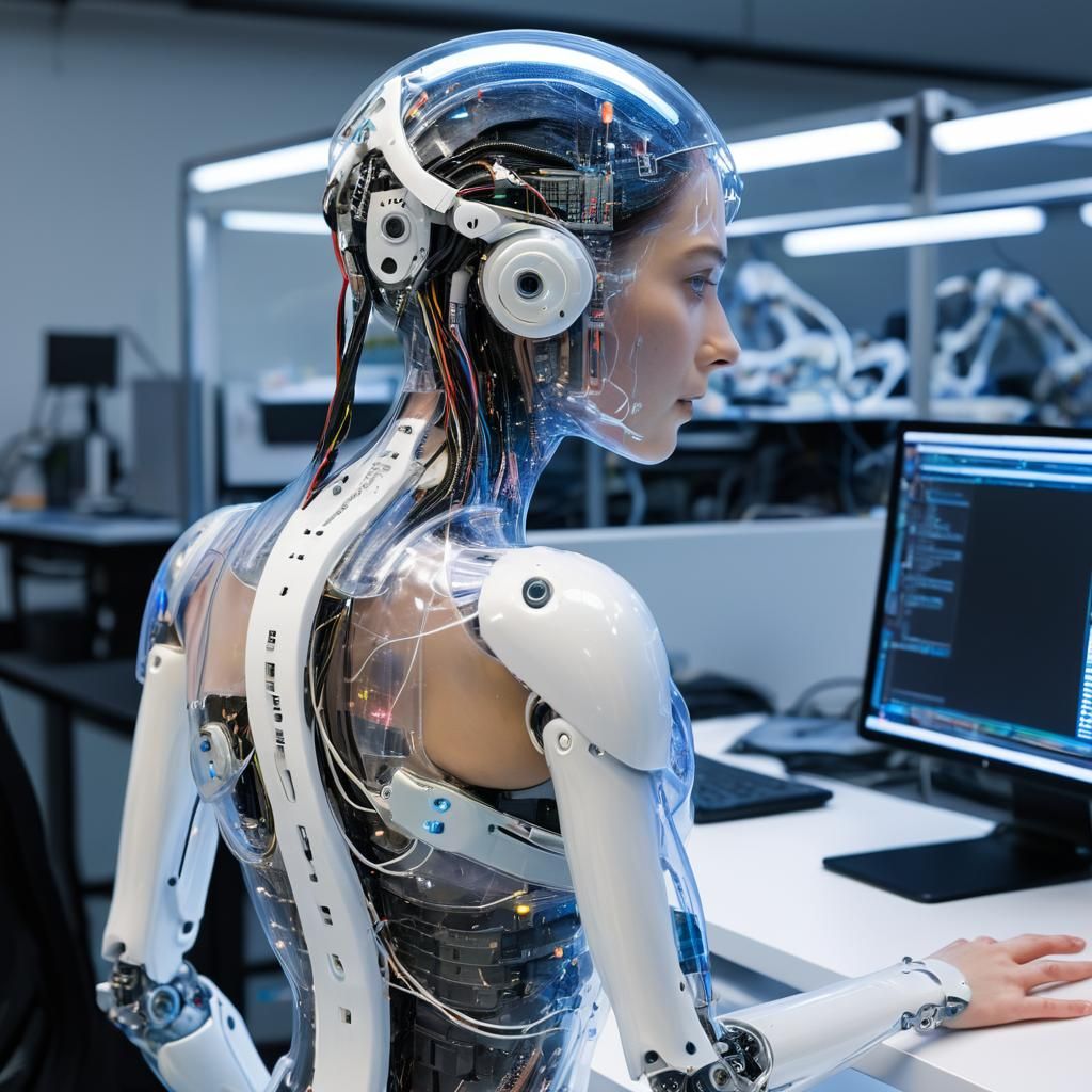 Cyborg Woman in Robotics Lab with Exoskeleton
