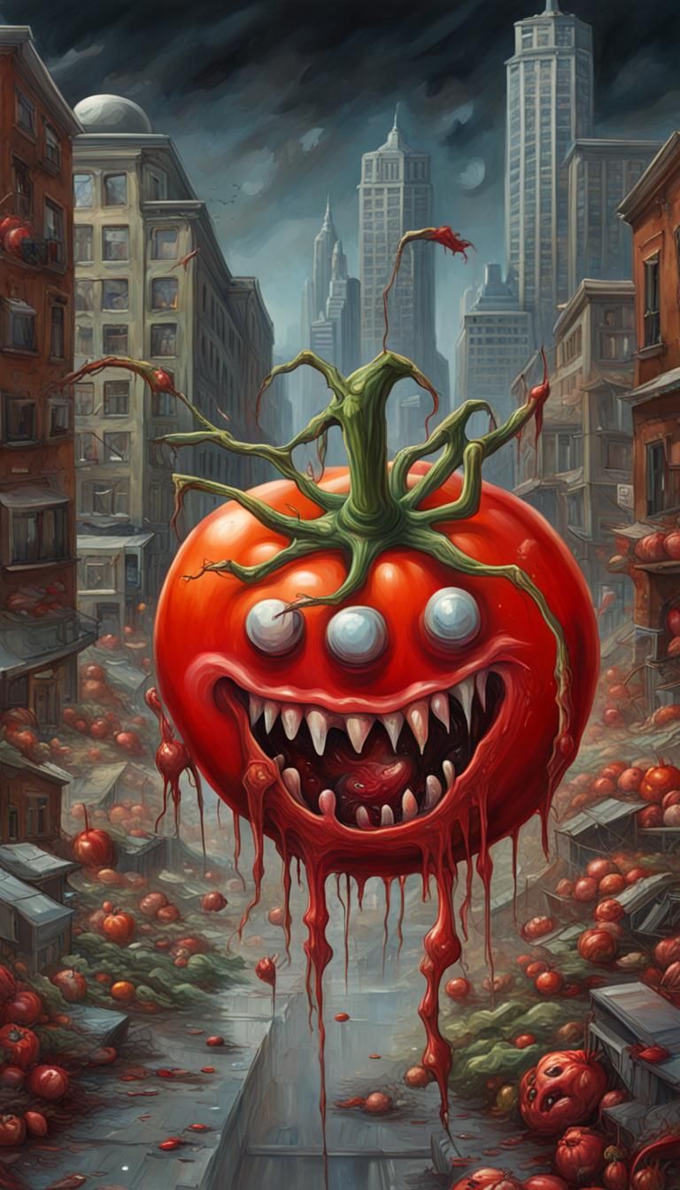 Giant Zombie Tomato Takes Over City: Surreal Graffiti Art