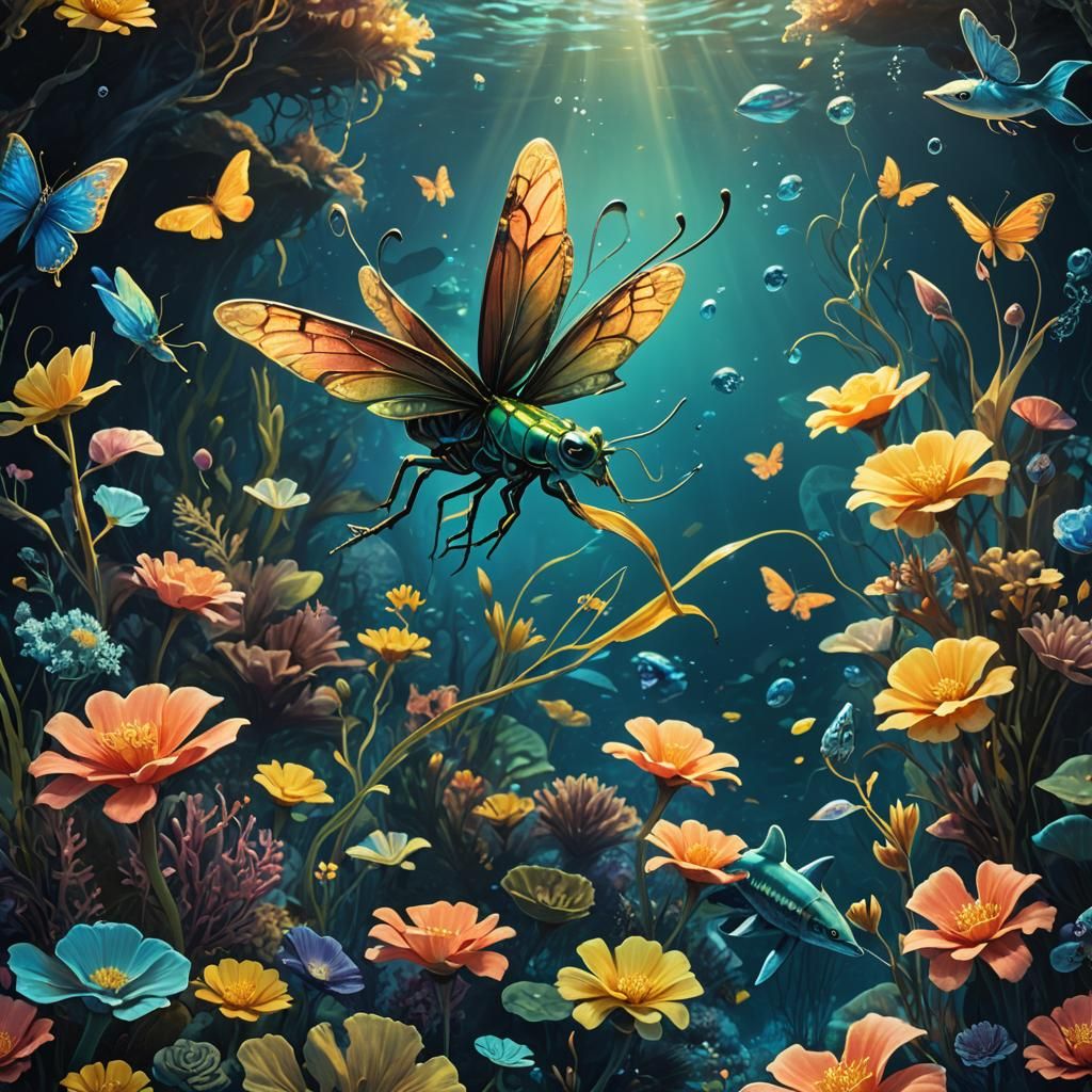 Underwater Grasshopper-Butterfly-Dolphin in Dark Fantasy Sty...