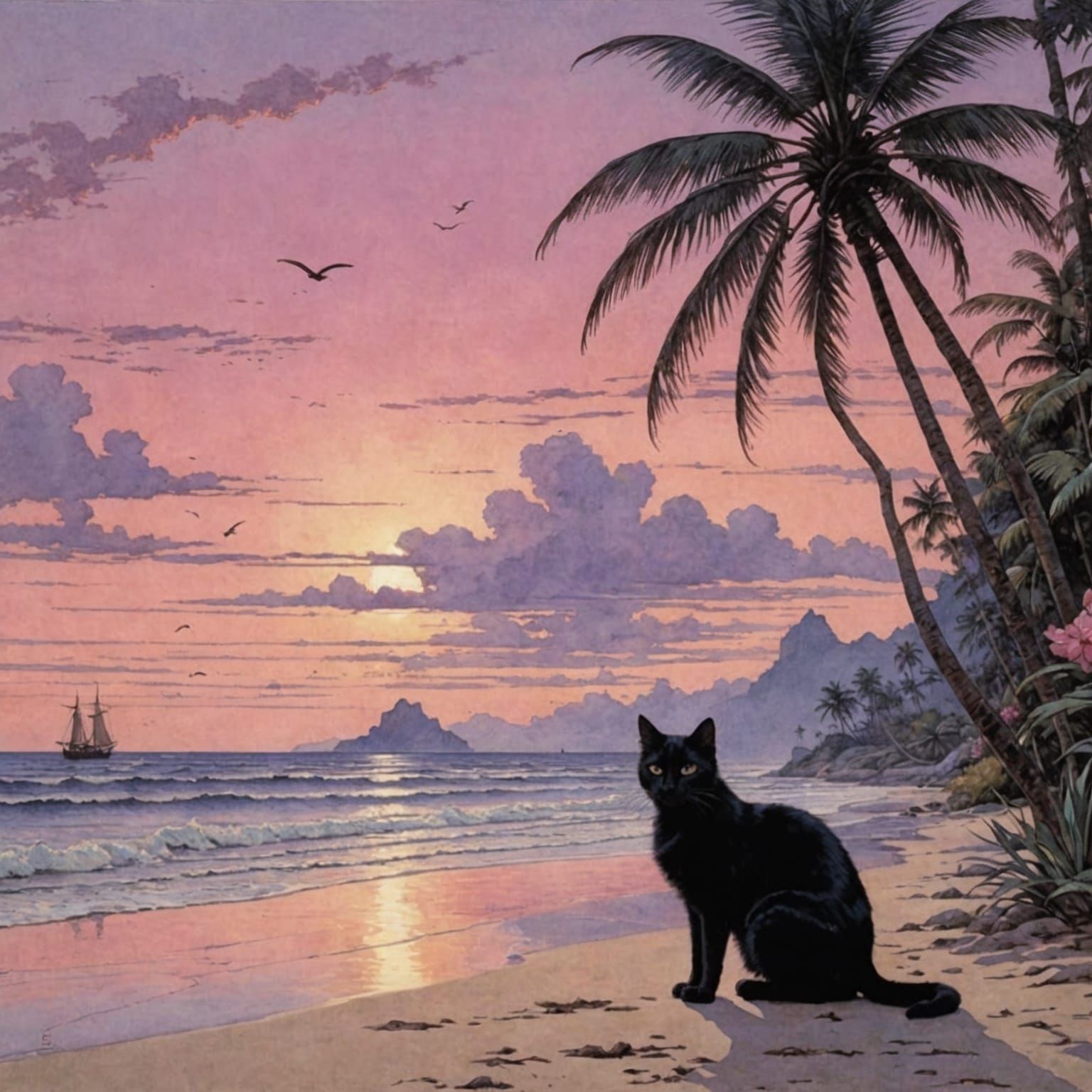 Black Cat at Sunset in Detailed Illustration Style