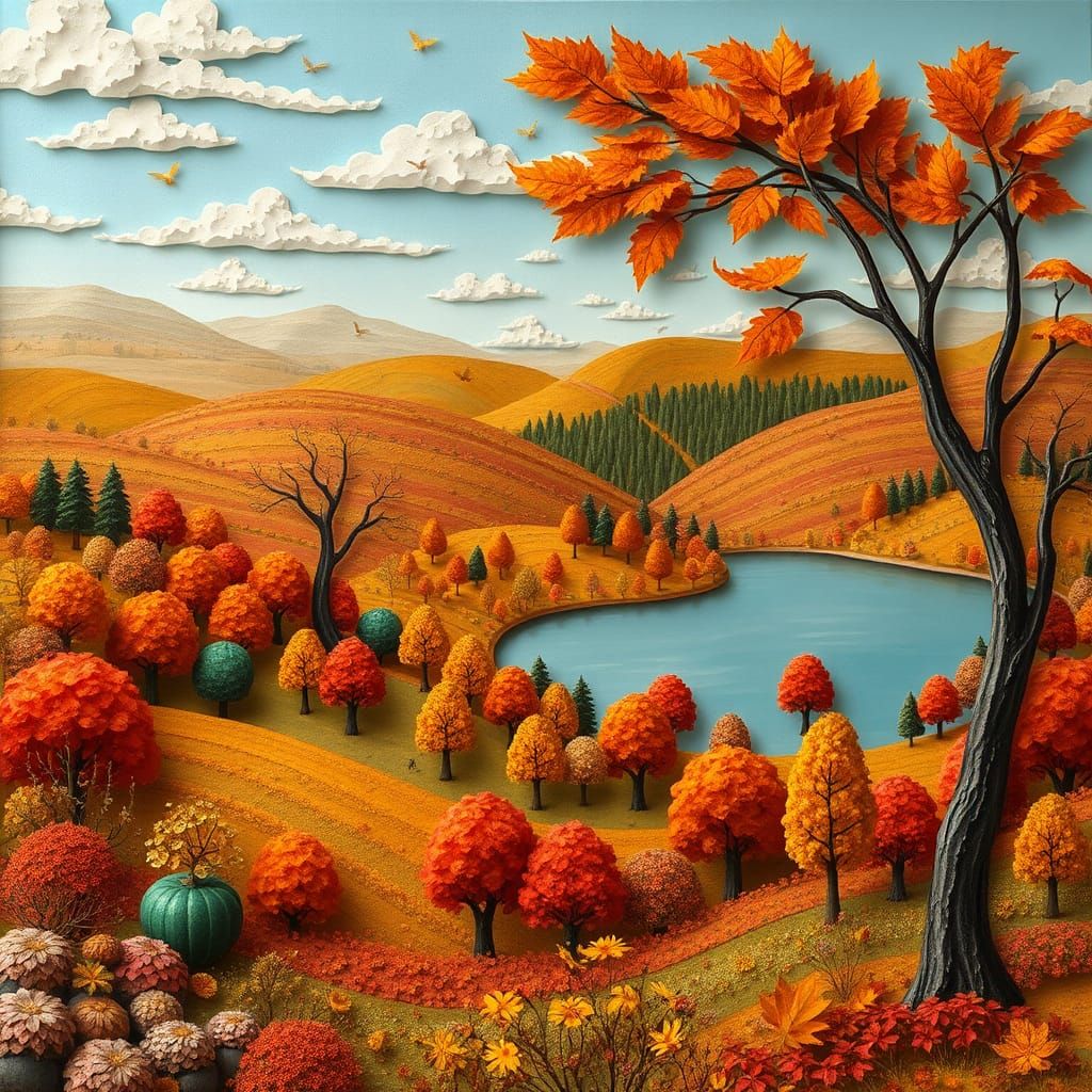 Vibrant Autumn Landscape in 3D Paper Collage Style