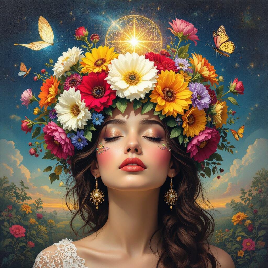 Surreal Woman with Emerging Flora and Fauna