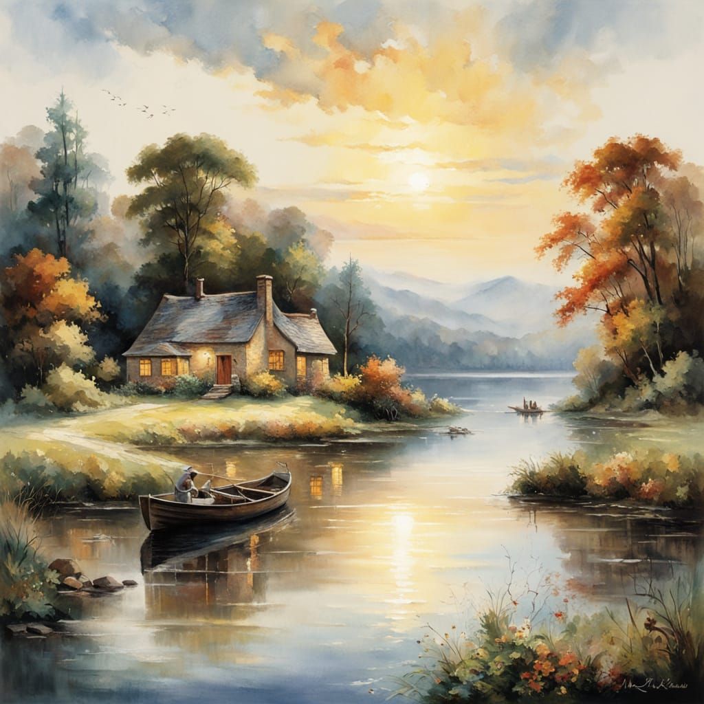 Serene Lakeside Cottage in Golden Light