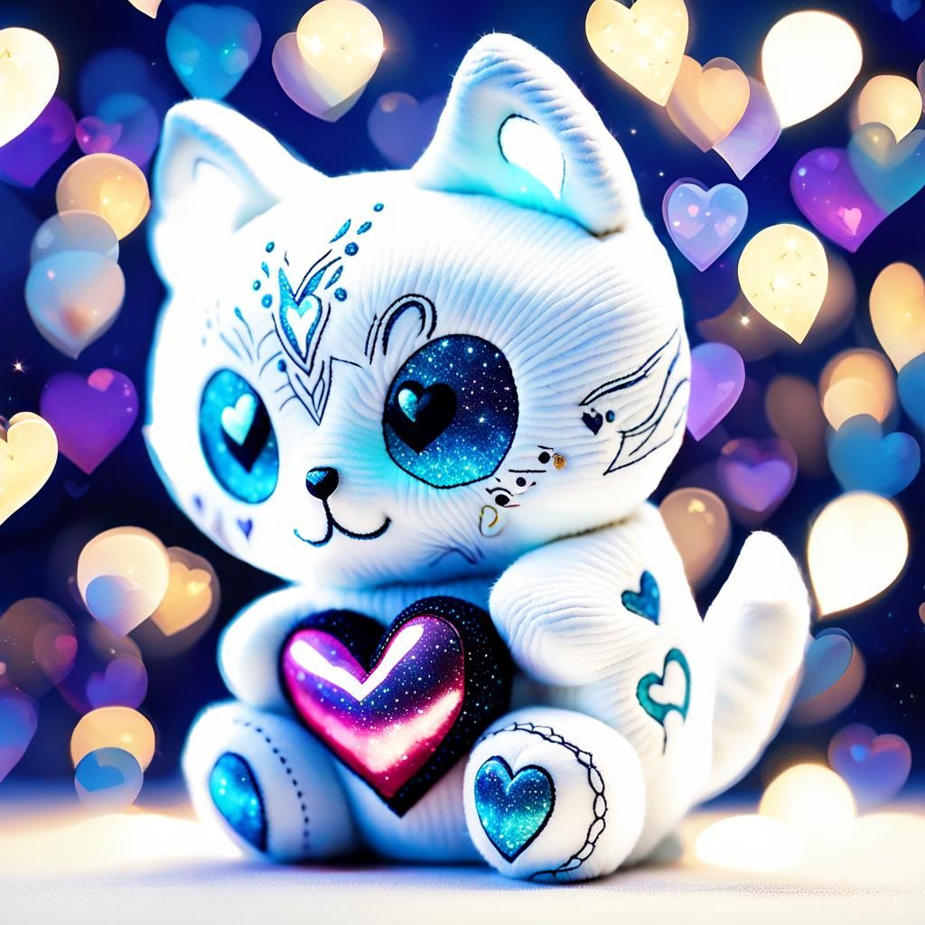 Adorable White Kitten Plush Toy in Dark Fantasy Style